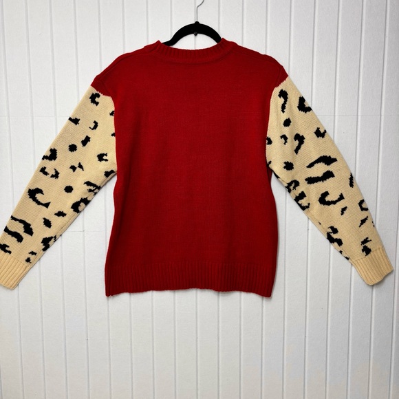 Leopard Print Knitted Red Pullover Sweater Size L - Picture 4 of 11